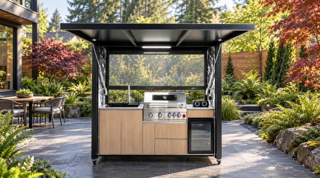Open META LIFESTYLE outdoor kitchen on a landscaped Pacific Northwest garden terrace with slate paving and cedar fencing