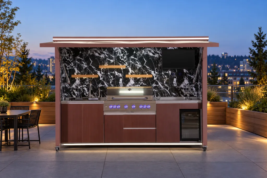 Open-display META LIFESTYLE outdoor kitchen with dark wood-tone cabinets, grill, stone backsplash, and glass-front refrigerator on a blue-hour city terrace