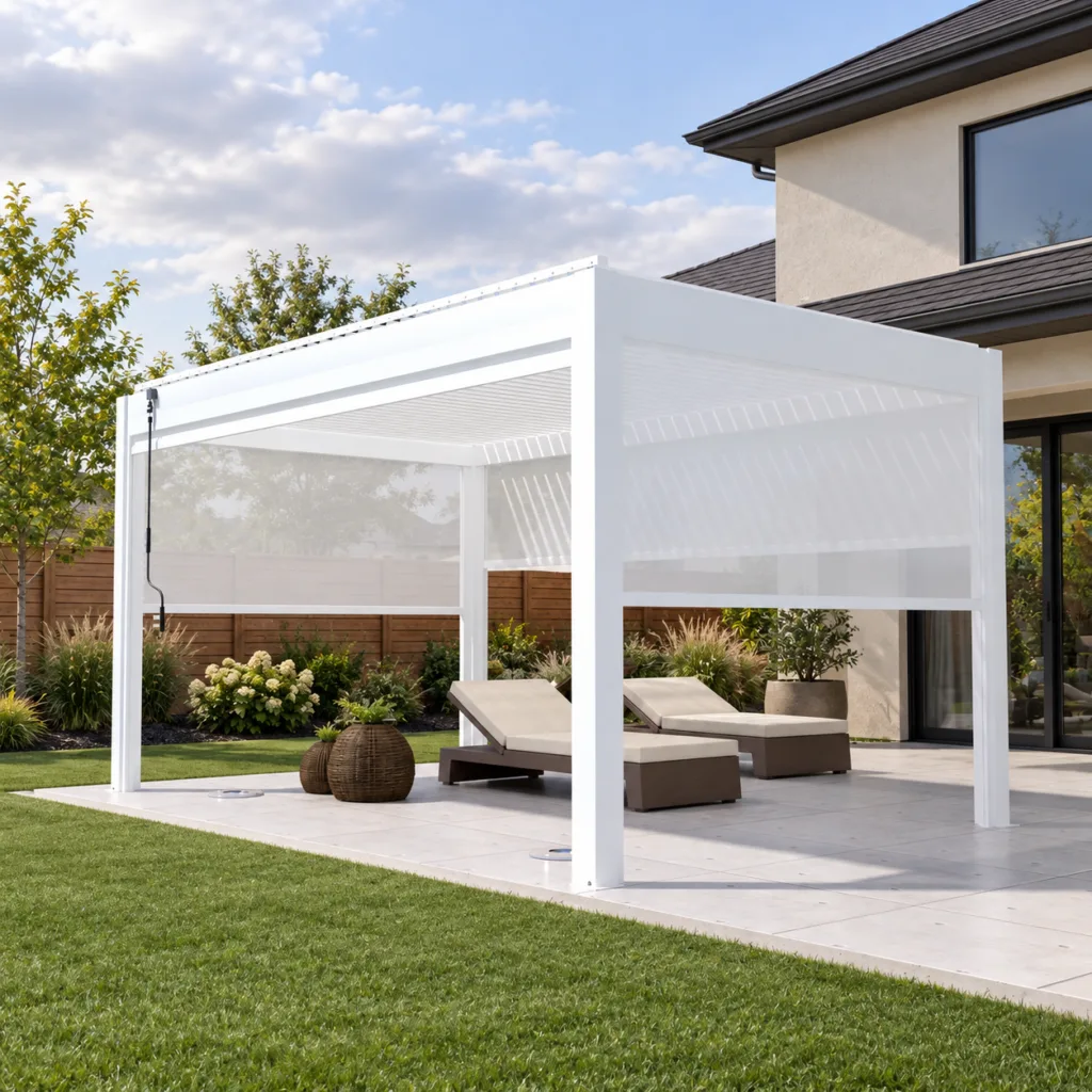 White META LIFESTYLE louvered pergola on a paved patio bordered by artificial turf in a residential backyard