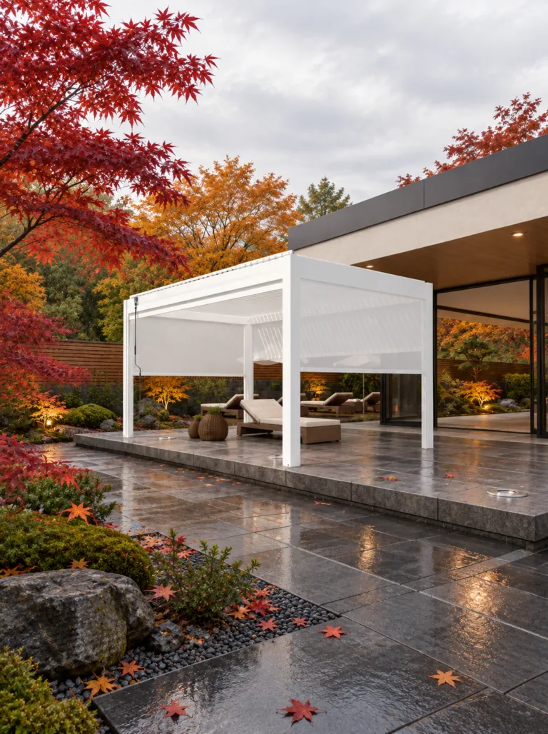 White pergola with extended side screen in an autumn garden courtyard with dark stone paving and red maple trees