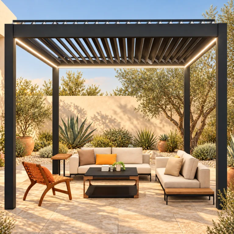 Dark louvered pergola with integrated lighting in a Southern California-inspired desert courtyard with pale paving and olive trees