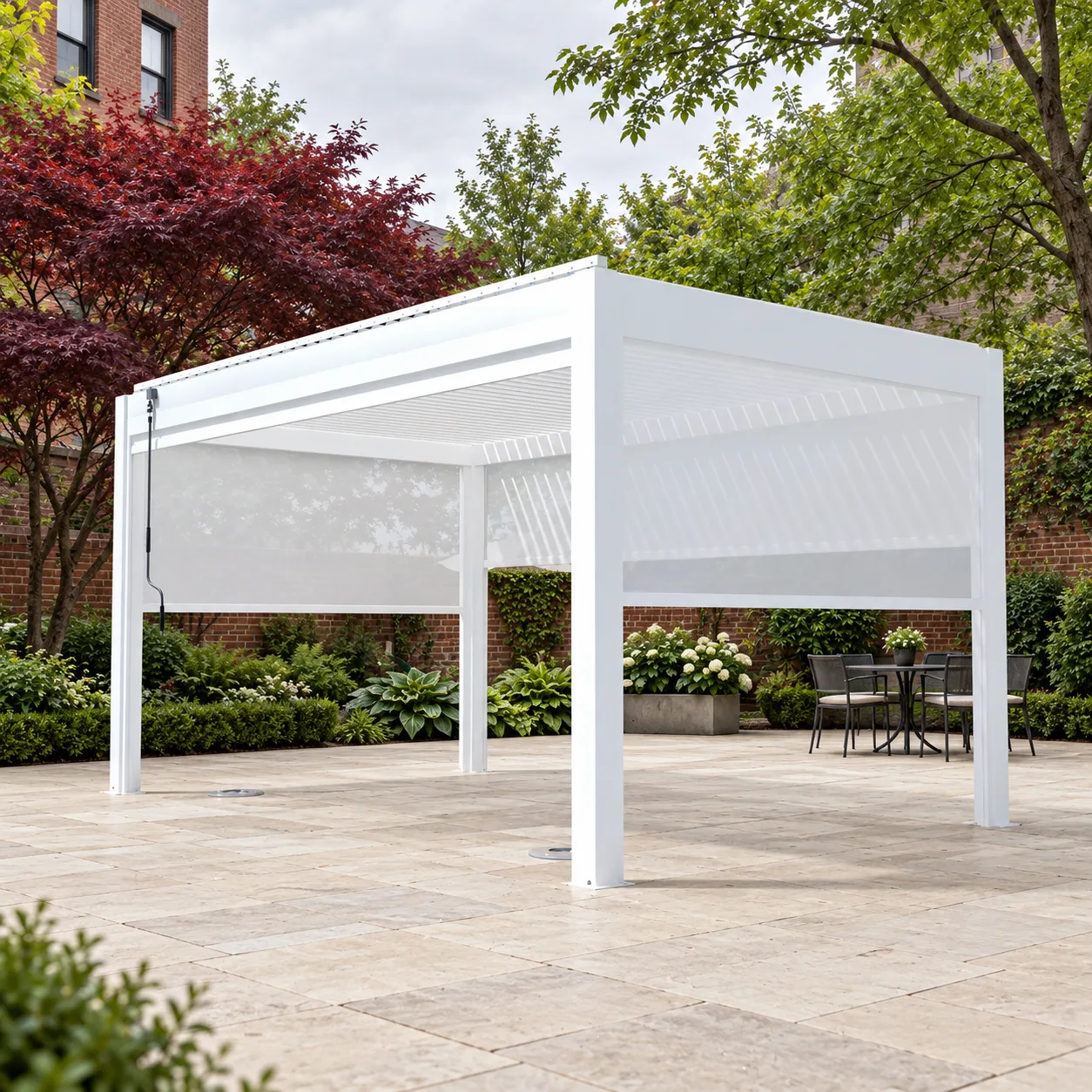White META LIFESTYLE louvered pergola with side screens in a brick urban courtyard garden