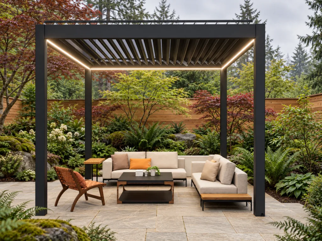Dark louvered pergola with integrated lighting in a Pacific Northwest garden with stone paving and cedar fencing