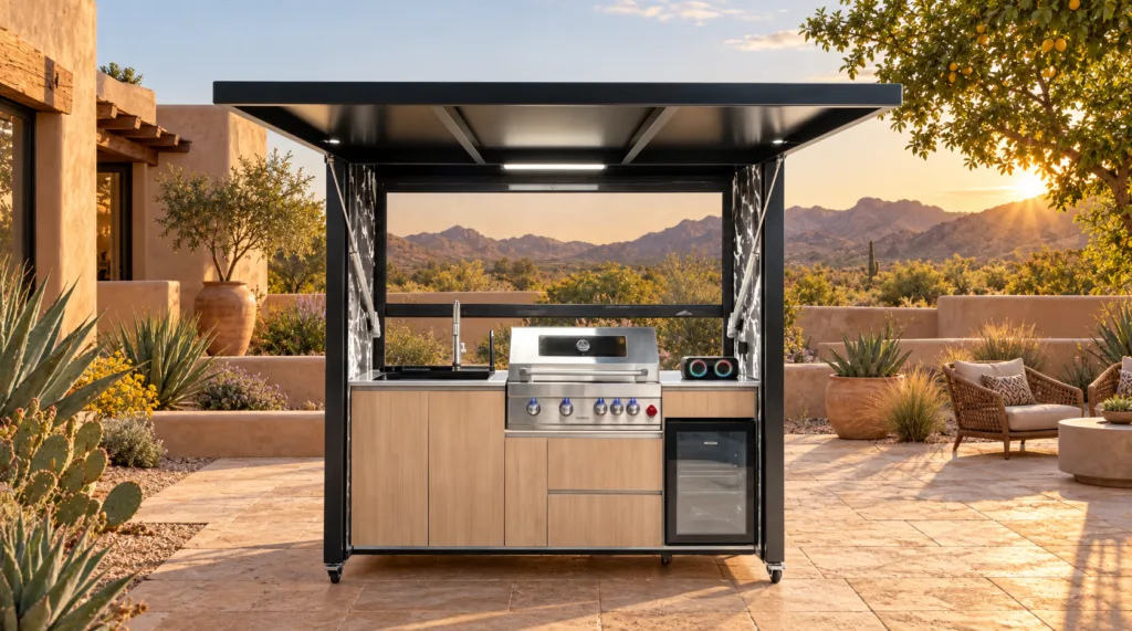Open META LIFESTYLE outdoor kitchen in a high-desert courtyard with warm limestone paving, adobe walls, and desert planting