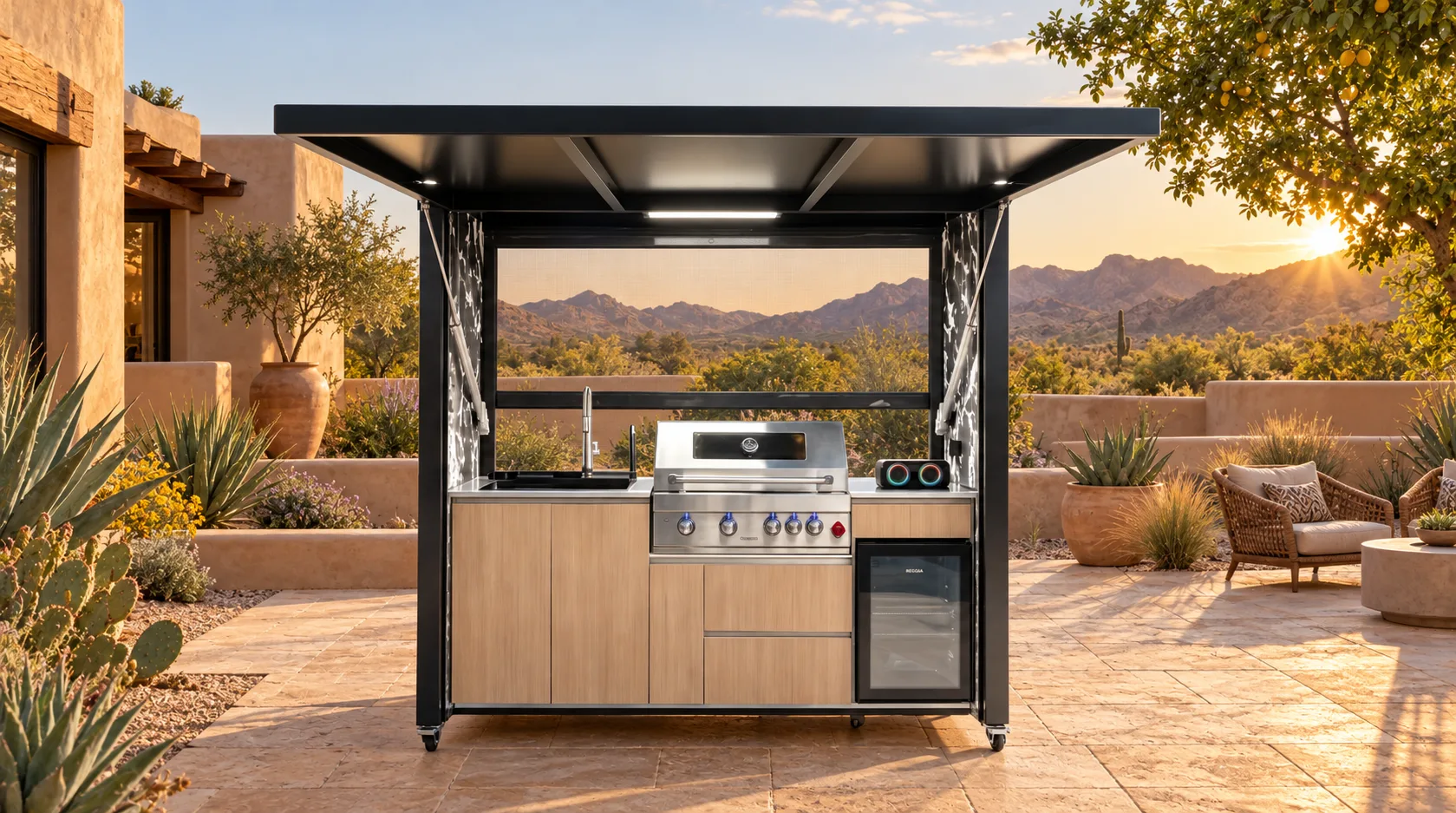 Open META LIFESTYLE outdoor kitchen in a high-desert courtyard with warm limestone paving, adobe walls, and desert planting